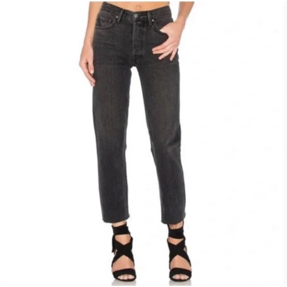 GRLFRND Karolina Hot Stuff Black Button Fly High Rise Straight Crop Denim Jeans